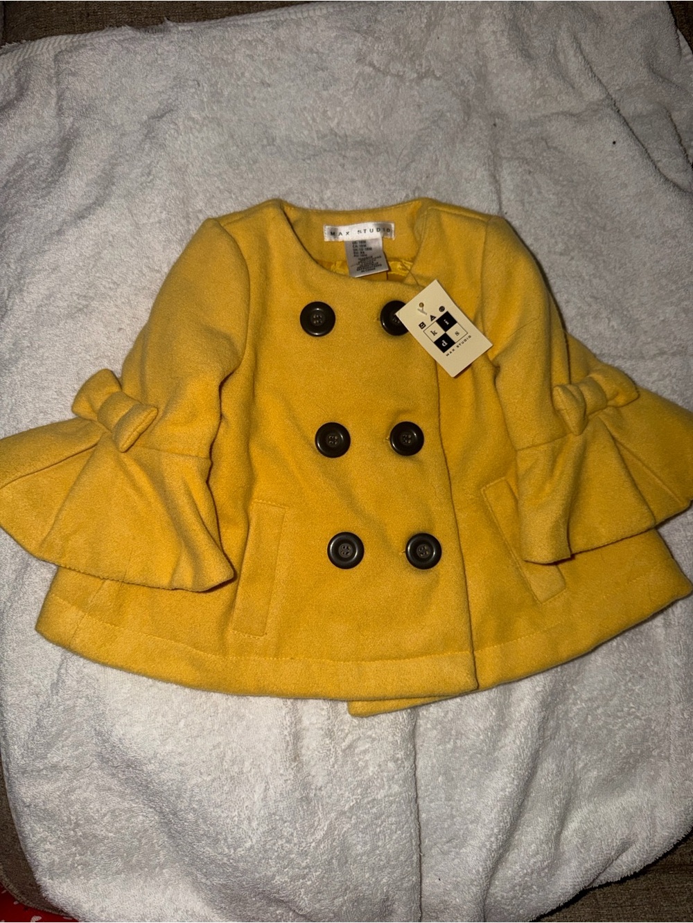 Max Studio Yellow Double-Breasted Girls' Pea Coat with Bow Sleeves